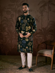 Ethnic Bay Men Black Silk Blend Floral Printed Straight Kurta-MKU1960