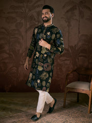 Ethnic Bay Men Black Silk Blend Floral Printed Straight Kurta-MKU1960