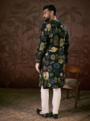 Ethnic Bay Men Black Silk Blend Floral Printed Straight Kurta-MKU1960