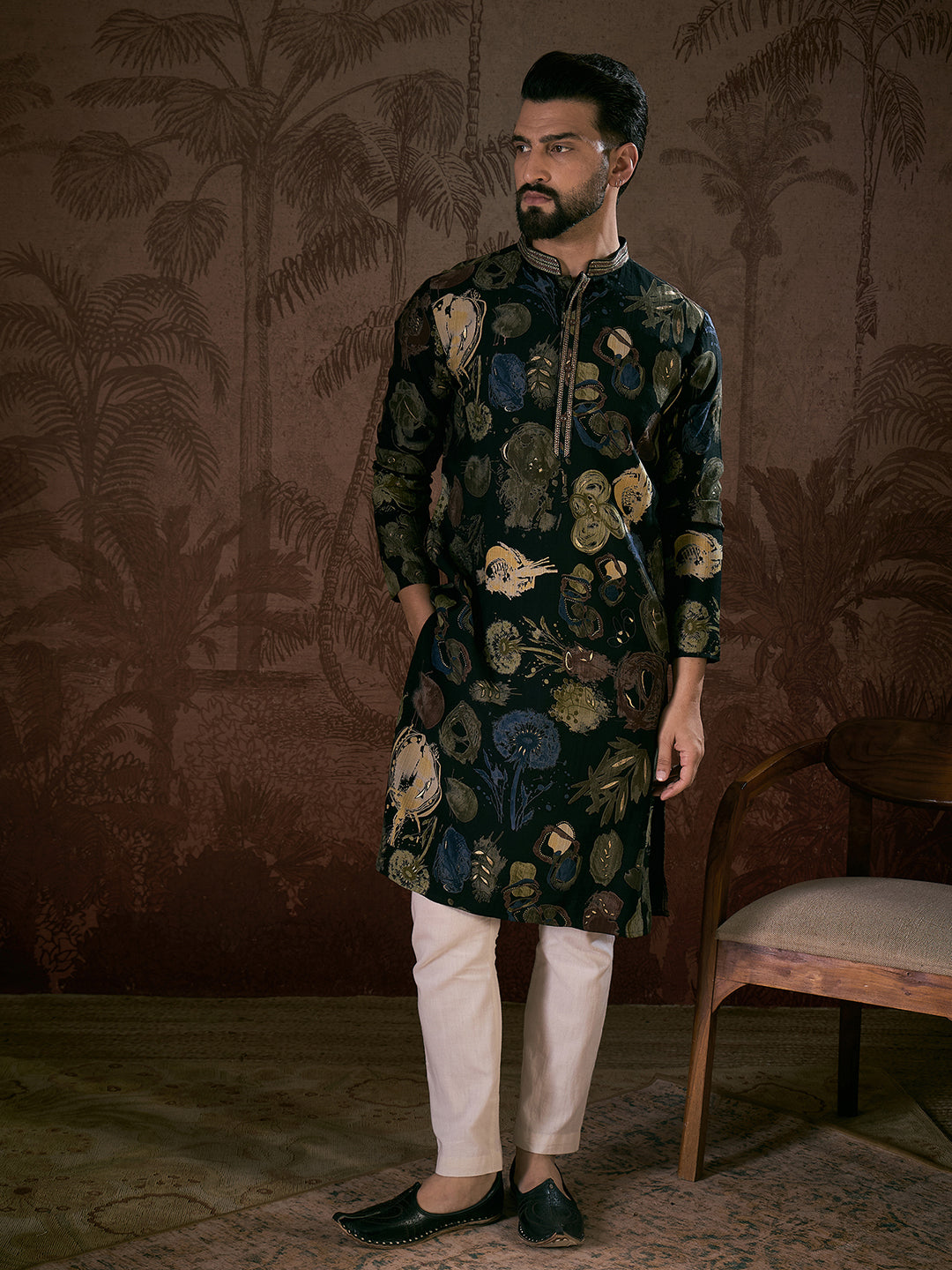 Ethnic Bay Men Black Silk Blend Floral Printed Straight Kurta