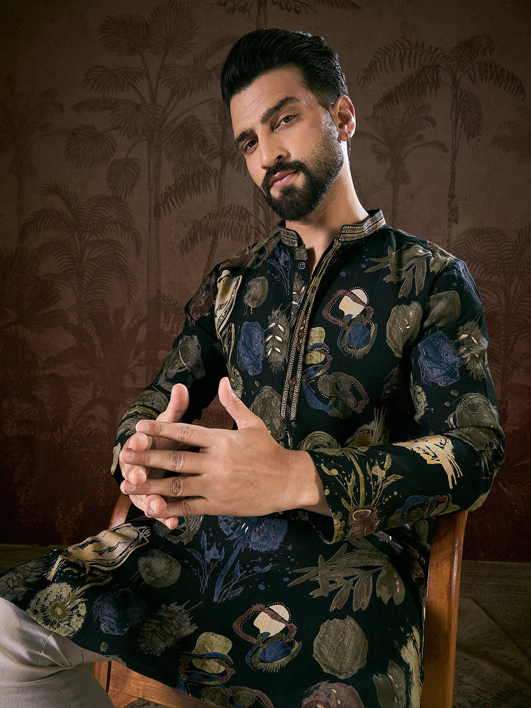 Ethnic Bay Men Black Silk Blend Floral Printed Straight Kurta