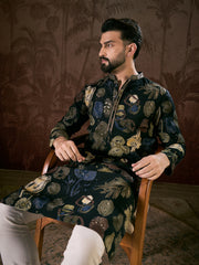 Ethnic Bay Men Black Silk Blend Floral Printed Straight Kurta-MKU1960
