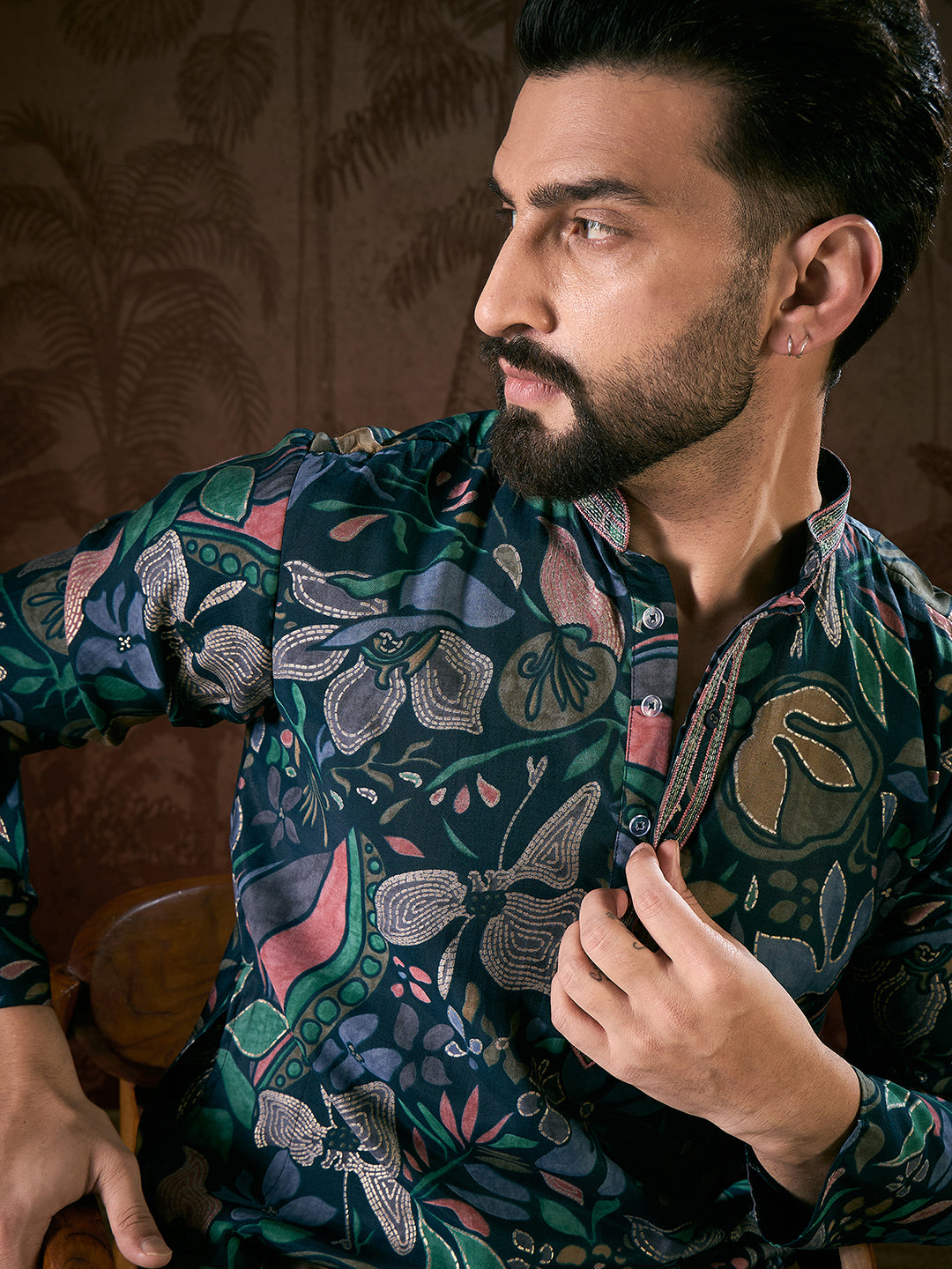 Ethnic Bay Men Blue Silk Blend Floral Printed Straight Kurta