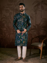 Ethnic Bay Men Blue Silk Blend Floral Printed Straight Kurta-MKU1962