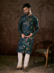 Ethnic Bay Men Blue Silk Blend Floral Printed Straight Kurta-MKU1962