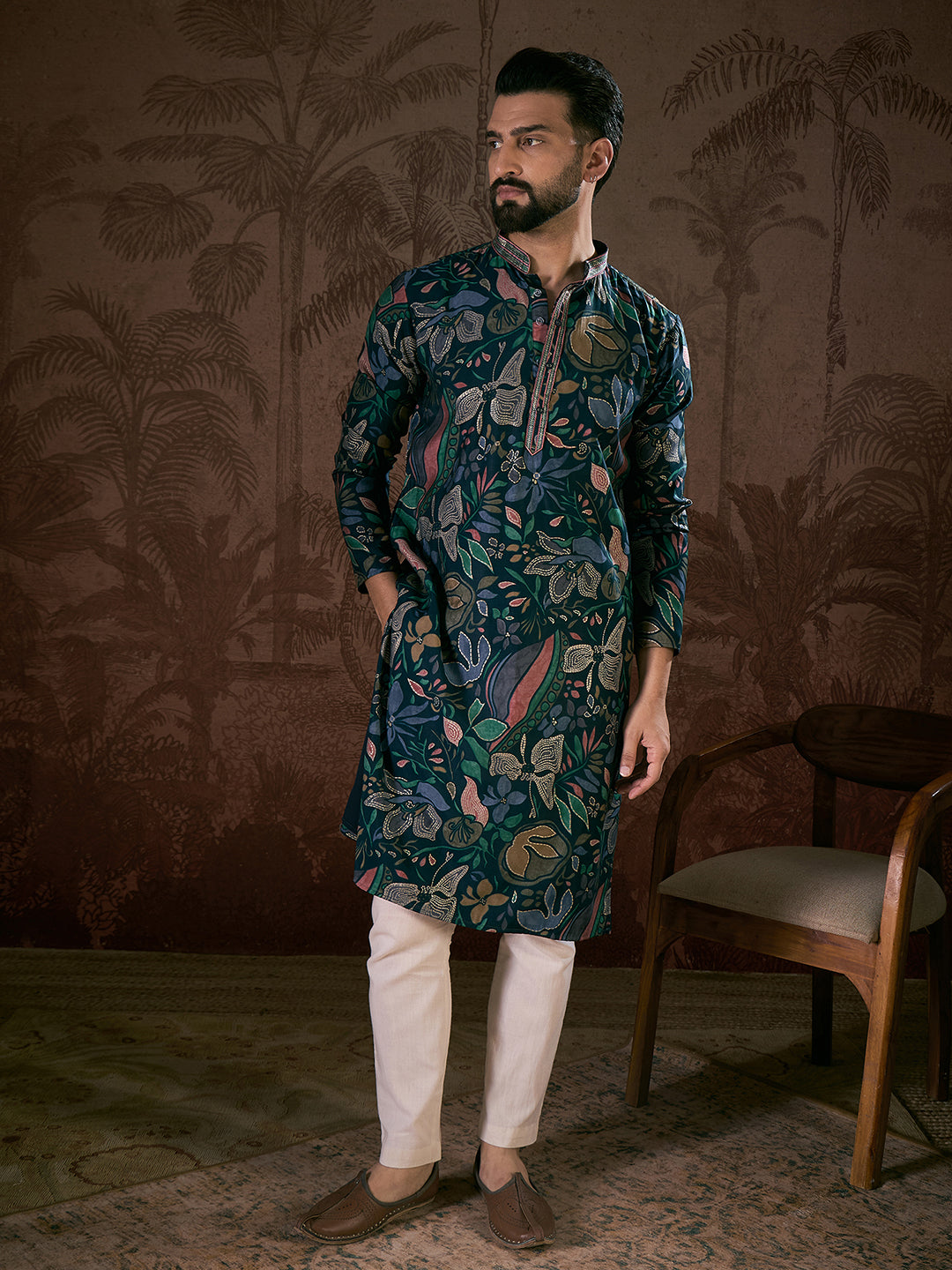 Ethnic Bay Men Blue Silk Blend Floral Printed Straight Kurta
