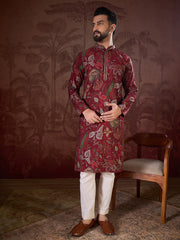 Ethnic Bay Men Maroon Silk Blend Floral Printed Straight Kurta-MKU1963