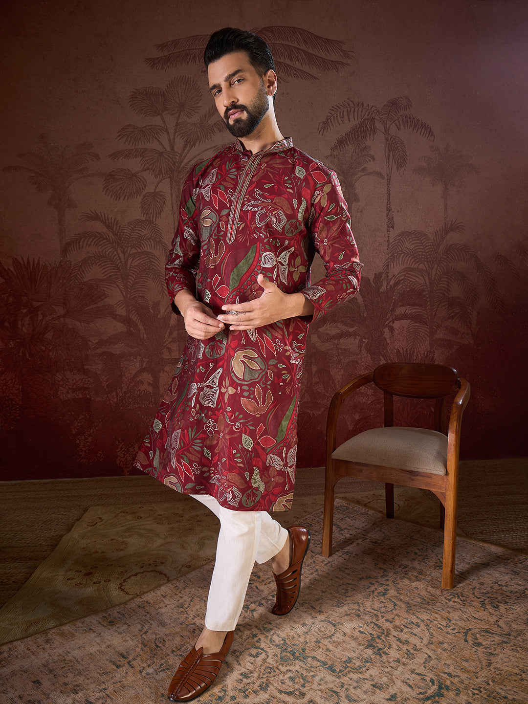 Ethnic Bay Men Maroon Silk Blend Floral Printed Straight Kurta
