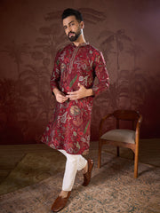 Ethnic Bay Men Maroon Silk Blend Floral Printed Straight Kurta-MKU1963