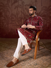 Ethnic Bay Men Maroon Silk Blend Floral Printed Straight Kurta-MKU1963