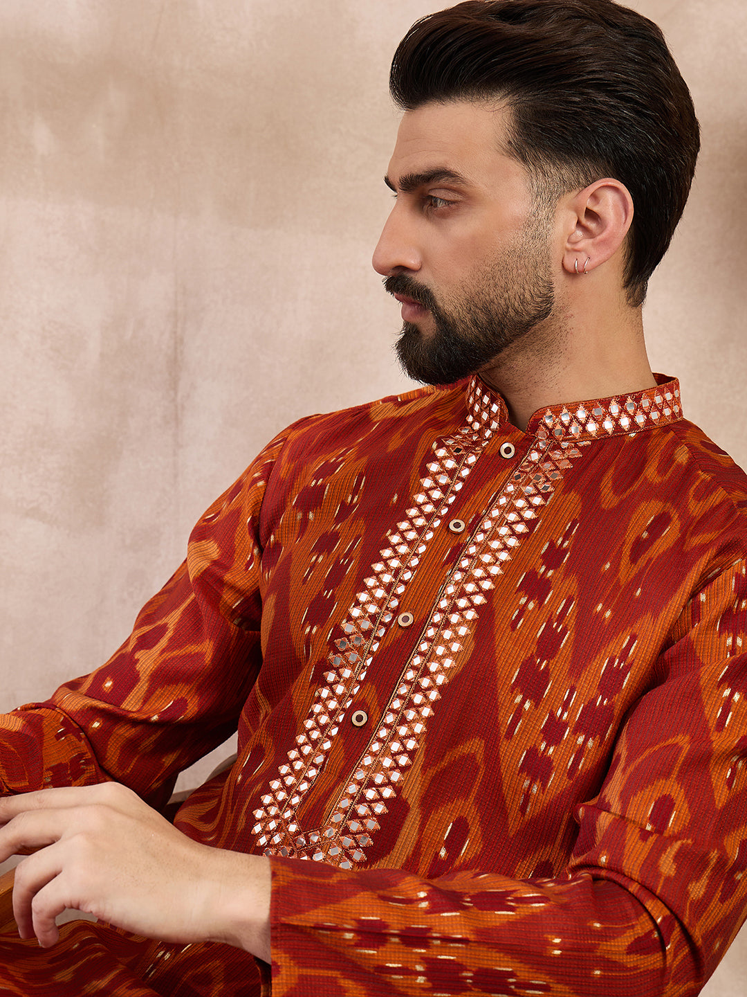 Ethnic Bay Men Orange Silk Blend Chevron Printed Straight Kurta-MKU1964