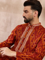 Ethnic Bay Men Orange Silk Blend Chevron Printed Straight Kurta-MKU1964
