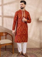 Ethnic Bay Men Orange Silk Blend Chevron Printed Straight Kurta-MKU1964