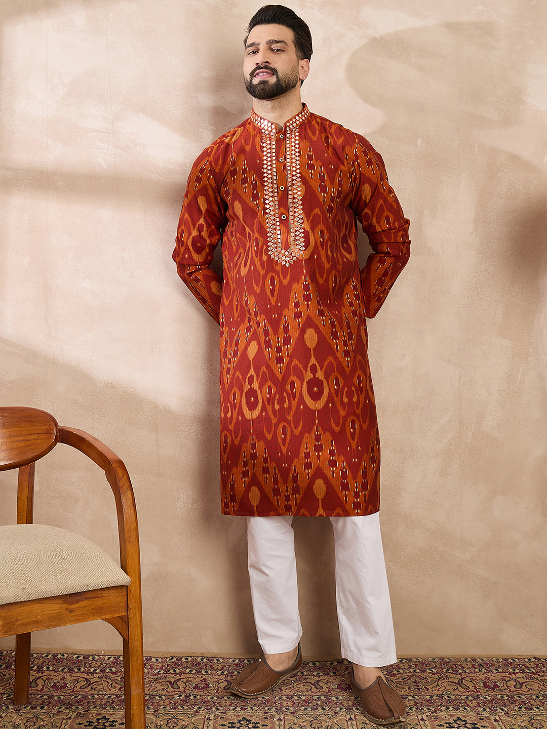 Ethnic Bay Men Orange Silk Blend Chevron Printed Straight Kurta