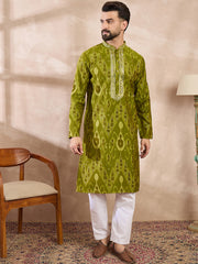 Ethnic Bay Men Green Viscose Rayon Chevron Printed Straight Kurta-MKU1965