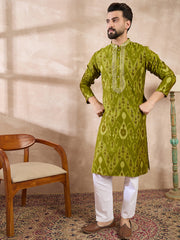 Ethnic Bay Men Green Viscose Rayon Chevron Printed Straight Kurta-MKU1965