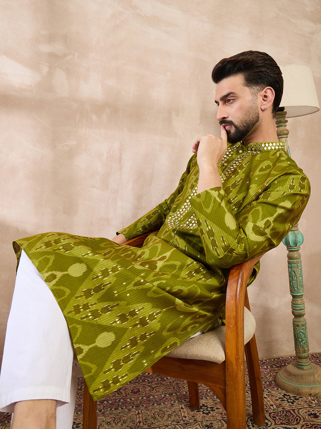 Ethnic Bay Men Green Viscose Rayon Chevron Printed Straight Kurta