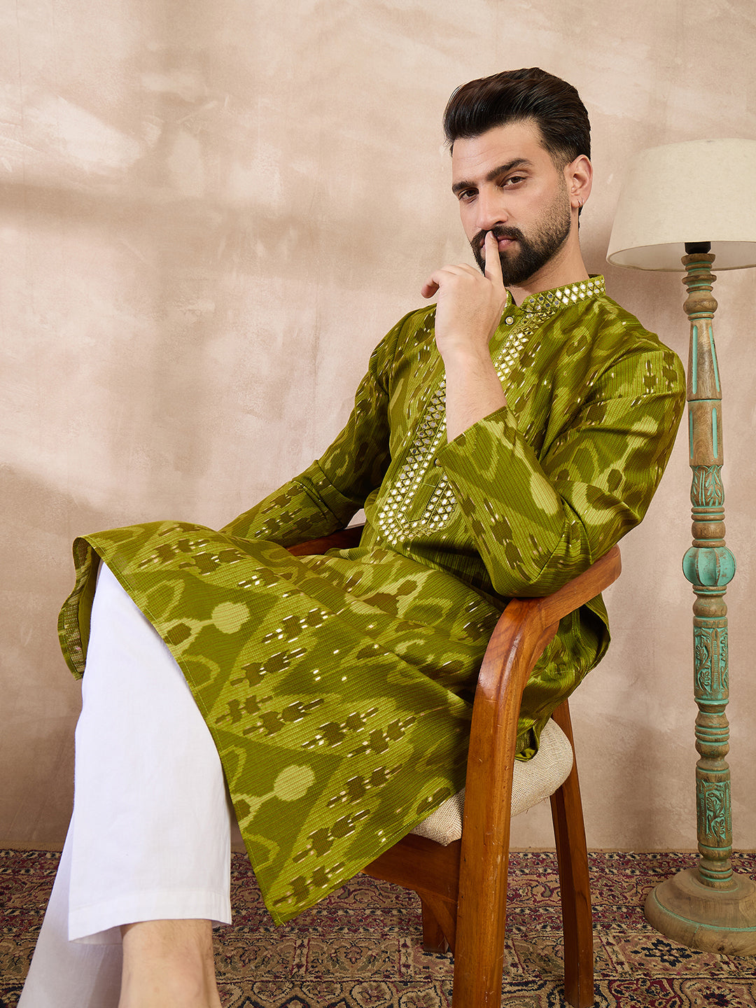Ethnic Bay Men Green Viscose Rayon Chevron Printed Straight Kurta