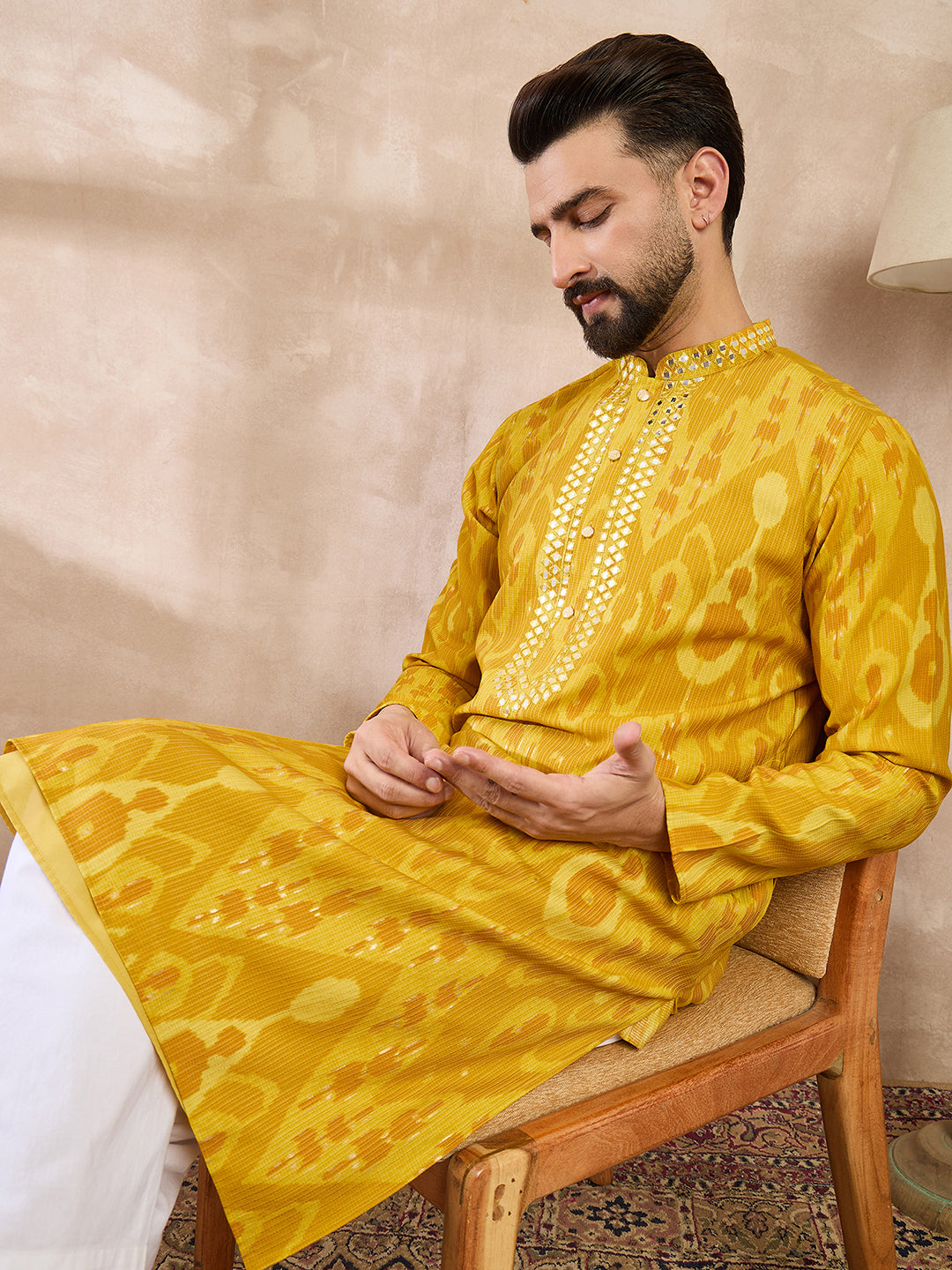 Ethnic Bay Men Yellow Viscose Rayon Chevron Printed Straight Kurta
