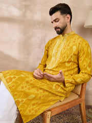 Ethnic Bay Men Yellow Viscose Rayon Chevron Printed Straight Kurta-MKU1966