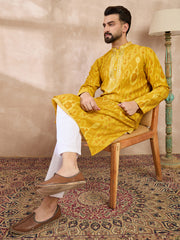 Ethnic Bay Men Yellow Viscose Rayon Chevron Printed Straight Kurta-MKU1966