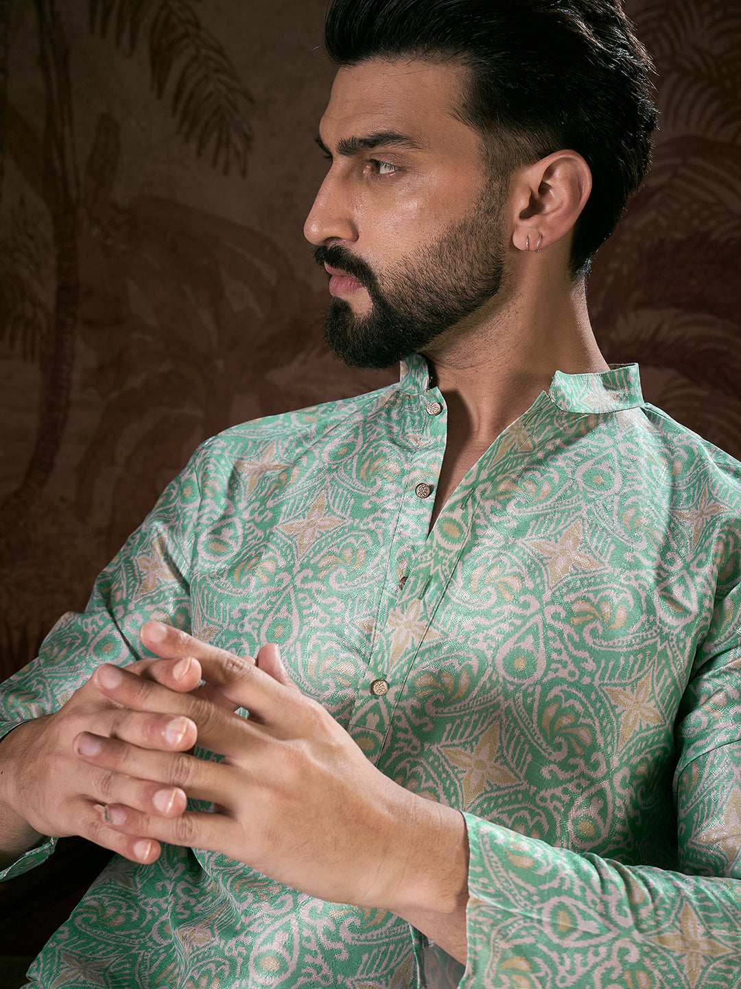 Ethnic Bay Men Turquoise Blue Silk Blend Abstract Printed Straight Kurta