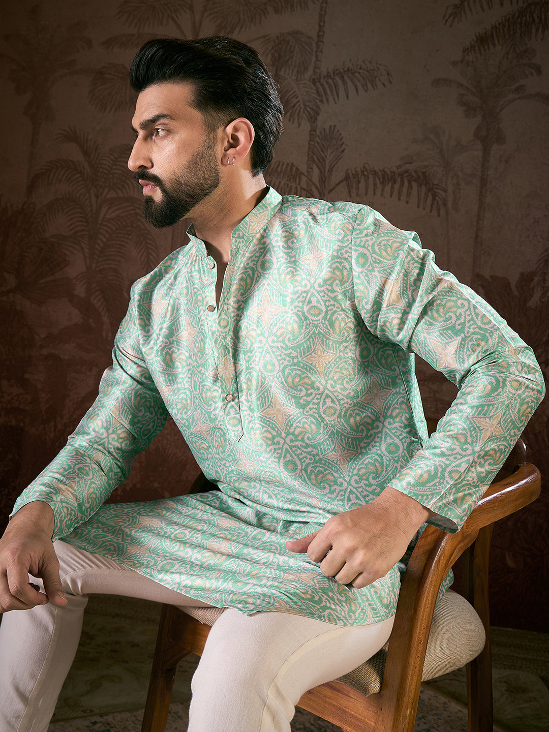 Ethnic Bay Men Turquoise Blue Silk Blend Abstract Printed Straight Kurta