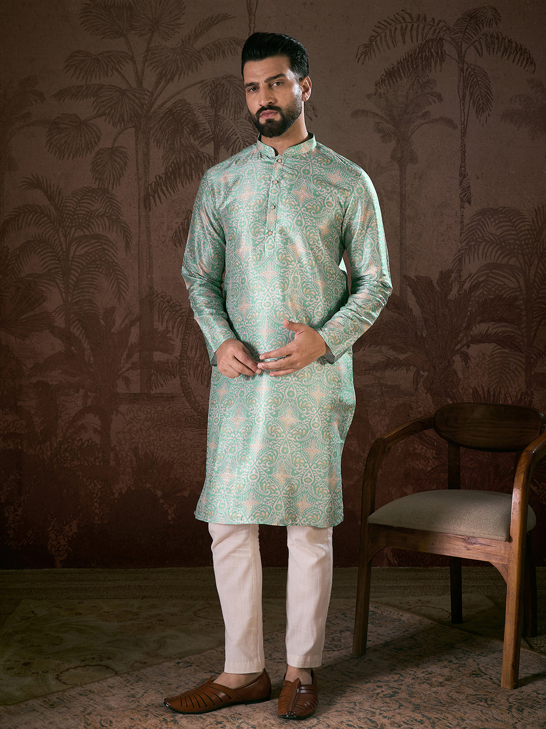Ethnic Bay Men Turquoise Blue Silk Blend Abstract Printed Straight Kurta