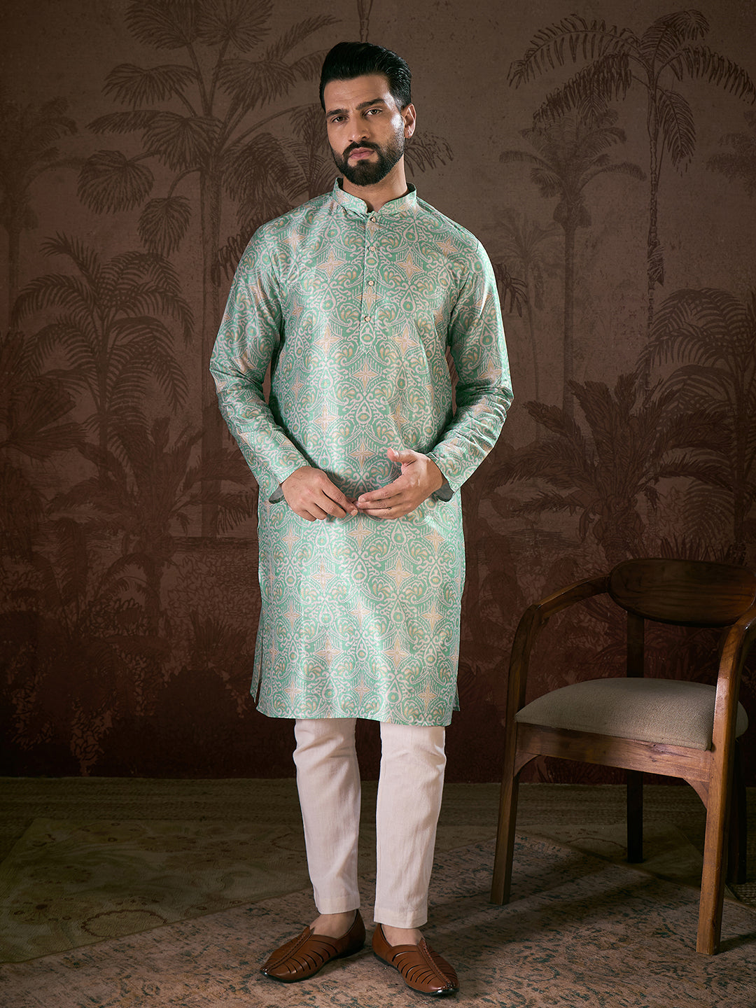 Ethnic Bay Men Turquoise Blue Silk Blend Abstract Printed Straight Kurta