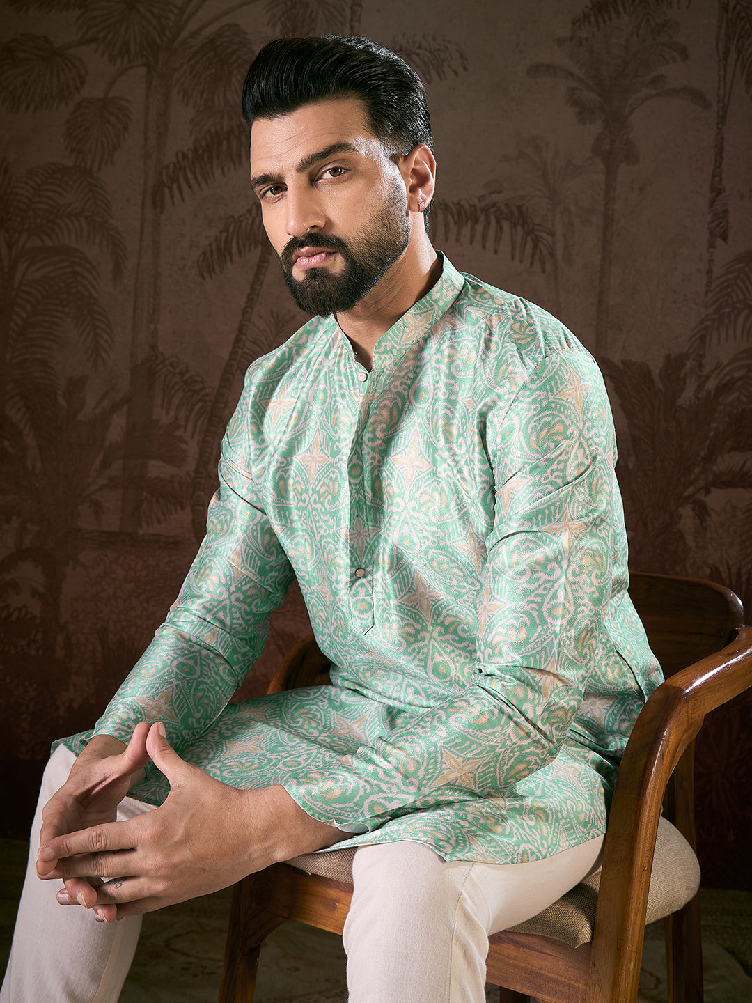 Ethnic Bay Men Turquoise Blue Silk Blend Abstract Printed Straight Kurta