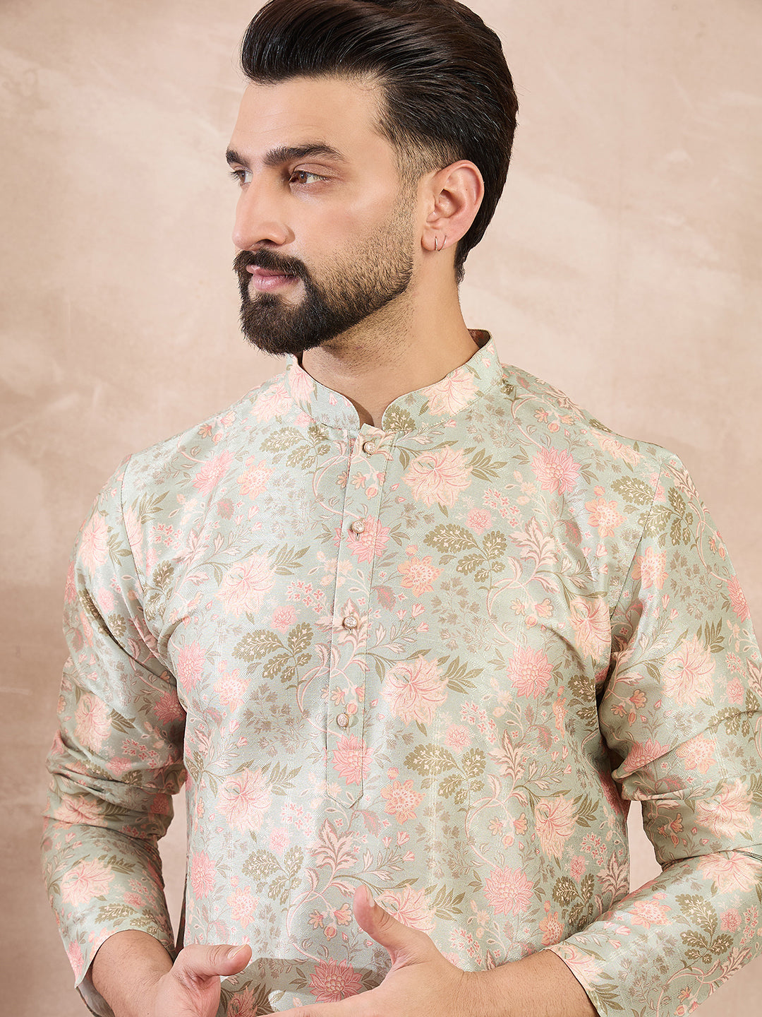 Ethnic Bay Men Green Silk Blend Floral Printed Straight Kurta