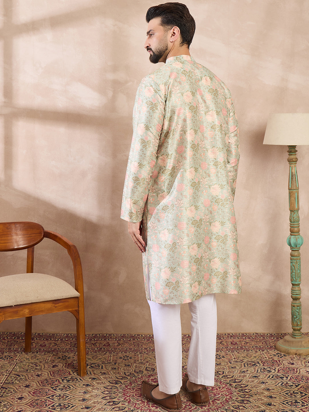 Ethnic Bay Men Green Silk Blend Floral Printed Straight Kurta