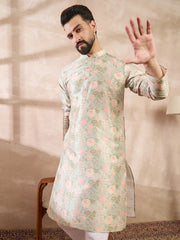 Ethnic Bay Men Green Silk Blend Floral Printed Straight Kurta-MKU1968