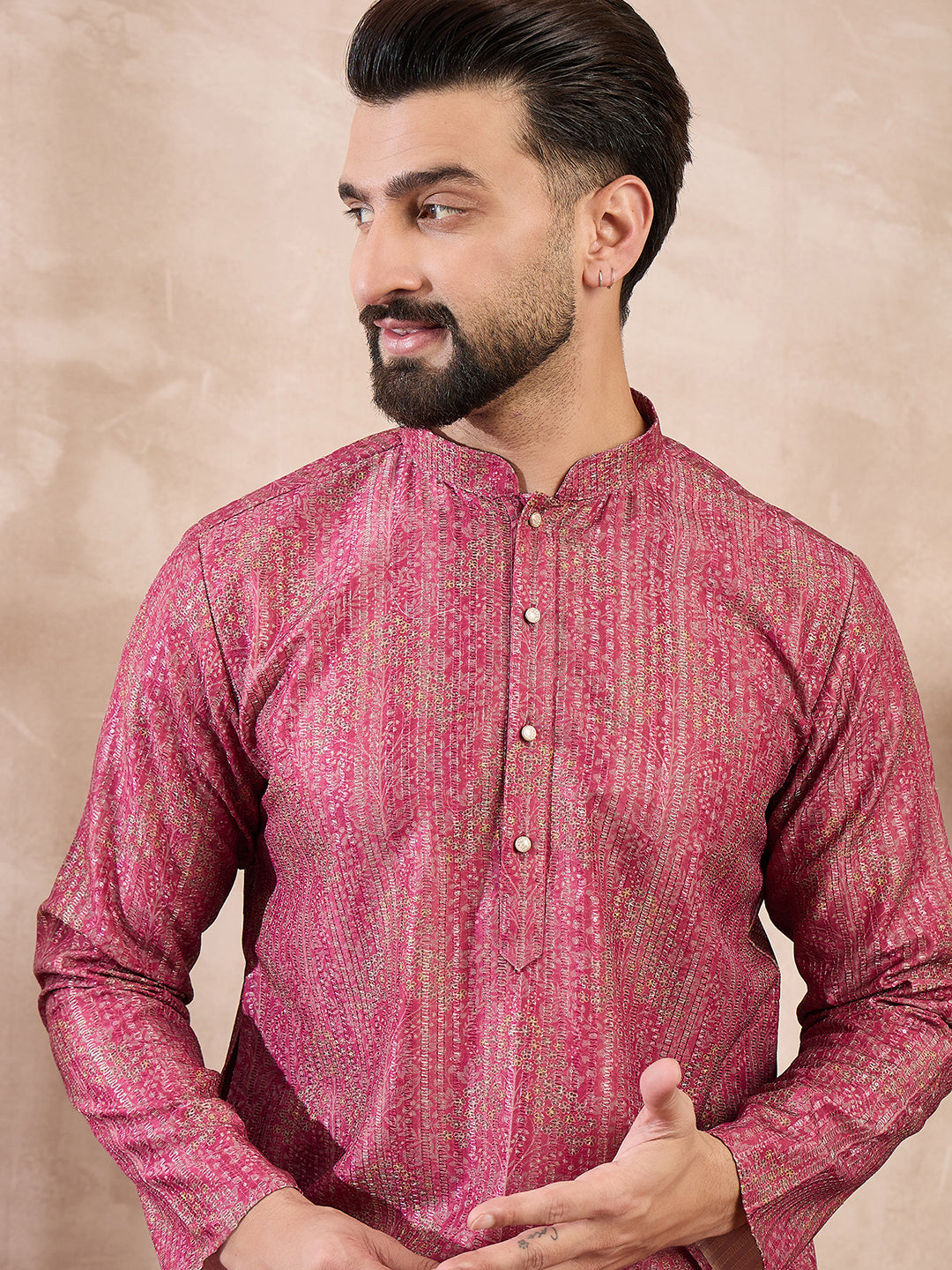 Ethnic Bay Men Pink Silk Blend Floral Printed Straight Kurta