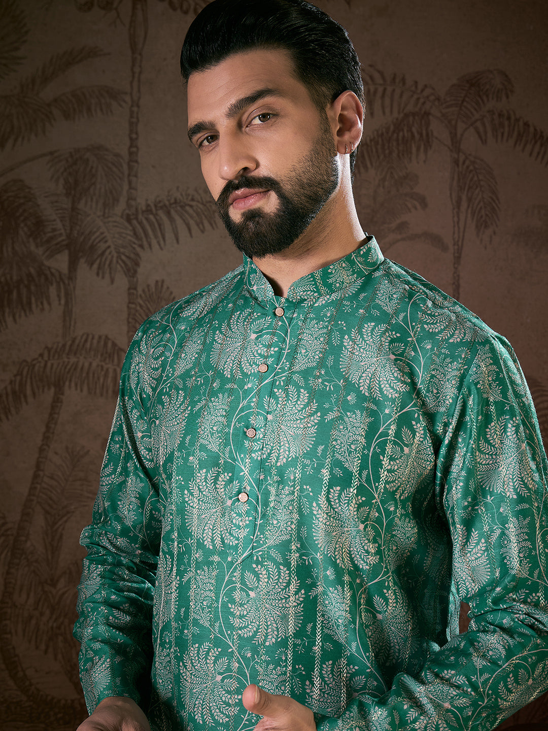 Ethnic Bay Men Teal Silk Blend Floral Printed Straight Kurta-MKU1971