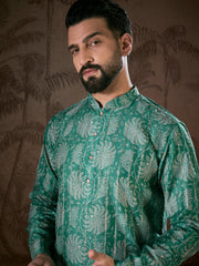 Ethnic Bay Men Teal Silk Blend Floral Printed Straight Kurta-MKU1971