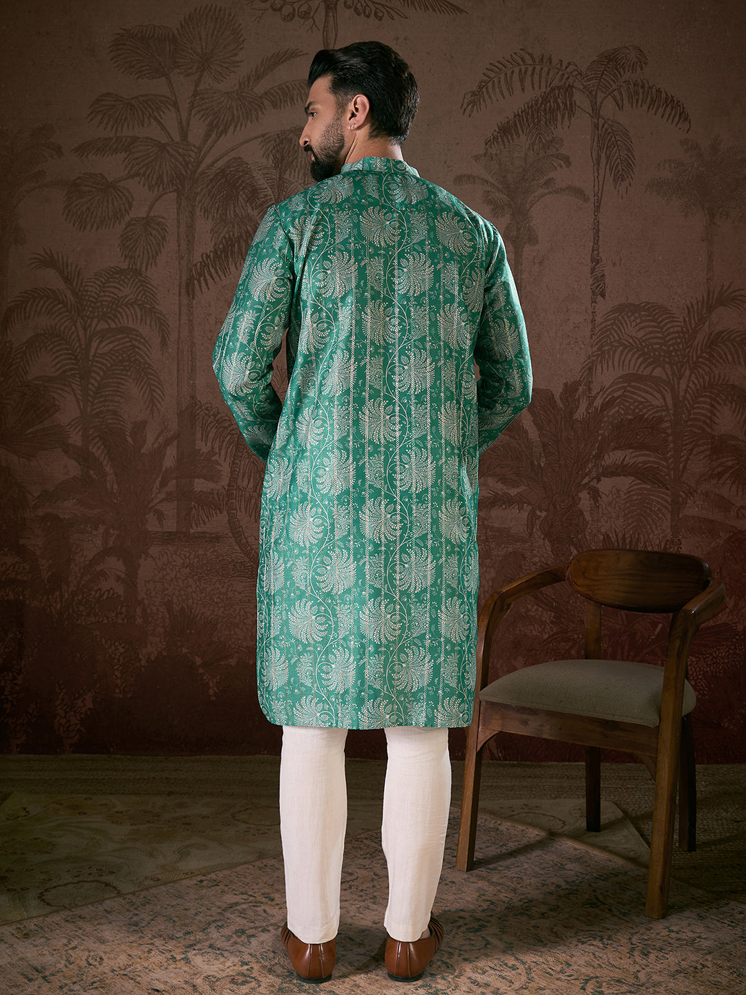 Ethnic Bay Men Teal Silk Blend Floral Printed Straight Kurta
