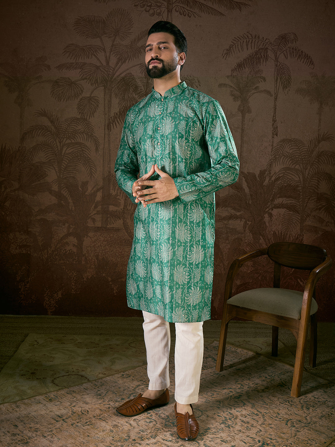 Ethnic Bay Men Teal Silk Blend Floral Printed Straight Kurta