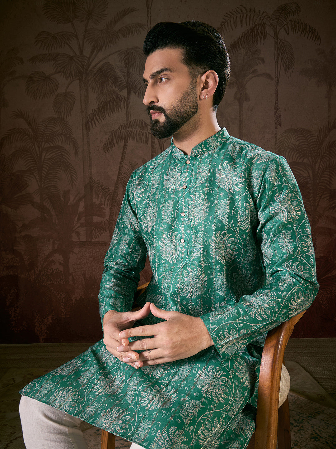 Ethnic Bay Men Teal Silk Blend Floral Printed Straight Kurta