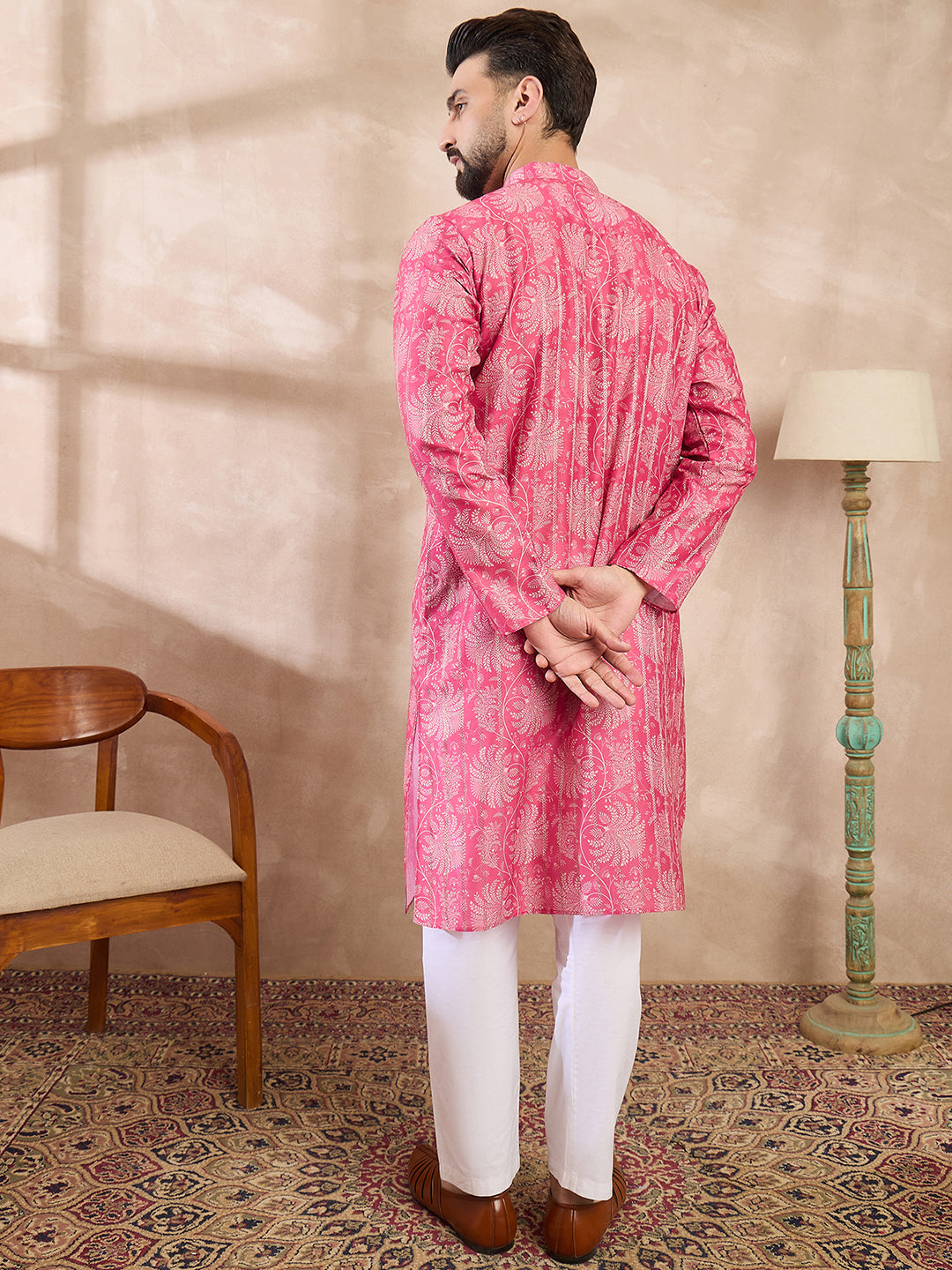 Ethnic Bay Men Pink Silk Blend Floral Printed Straight Kurta