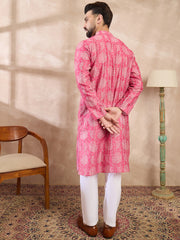 Ethnic Bay Men Pink Silk Blend Floral Printed Straight Kurta-MKU1972