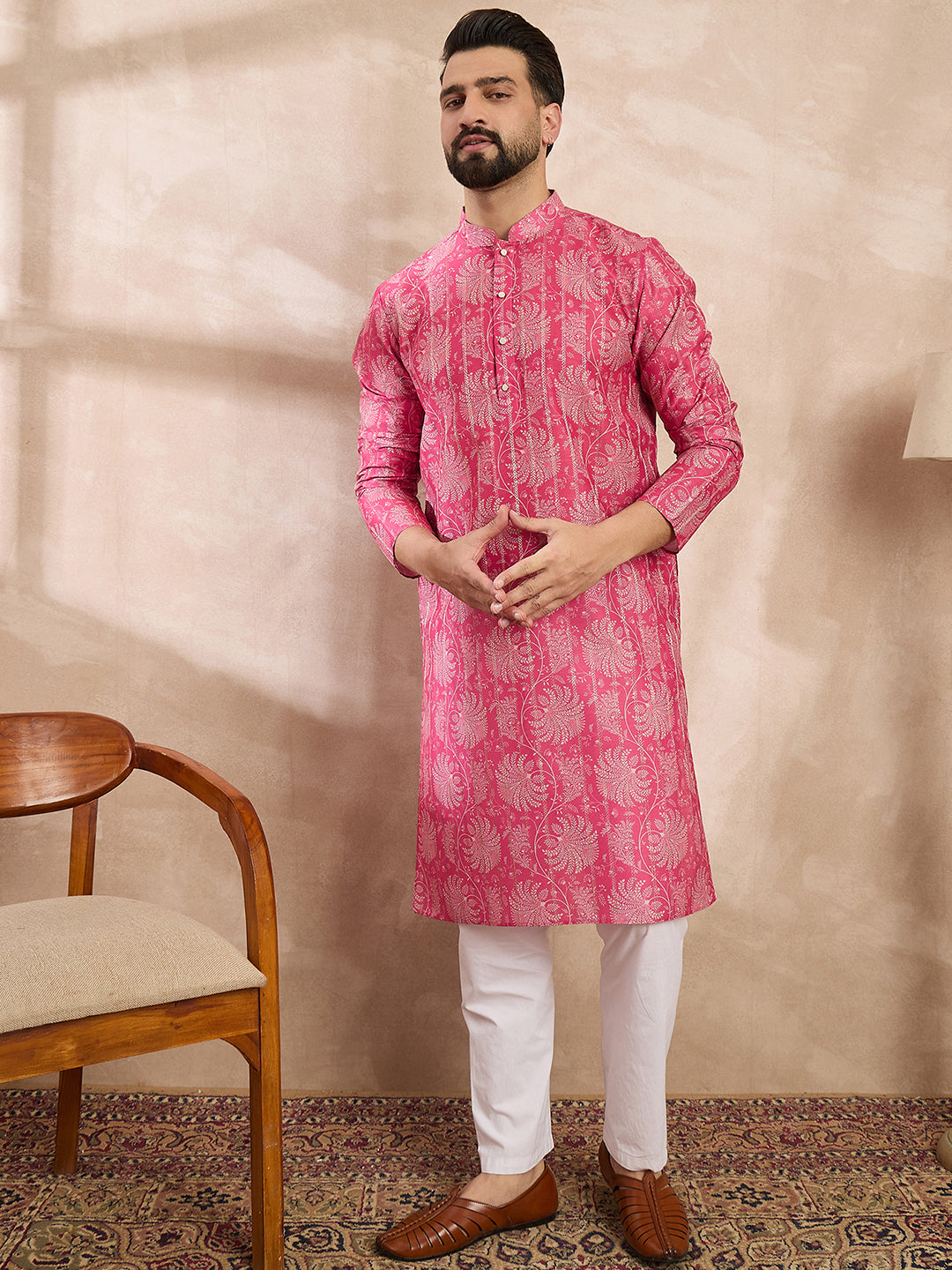 Ethnic Bay Men Pink Silk Blend Floral Printed Straight Kurta