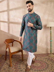 Ethnic Bay Men Blue Silk Blend Floral Printed Straight Kurta-MKU1974