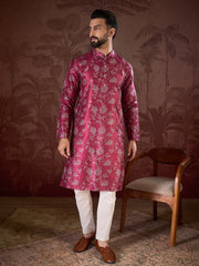 Ethnic Bay Men Red Silk Blend Floral Printed Straight Kurta-MKU1975