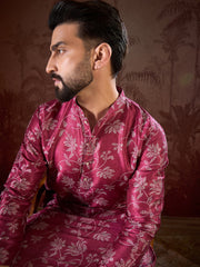 Ethnic Bay Men Red Silk Blend Floral Printed Straight Kurta-MKU1975