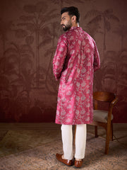 Ethnic Bay Men Red Silk Blend Floral Printed Straight Kurta-MKU1975