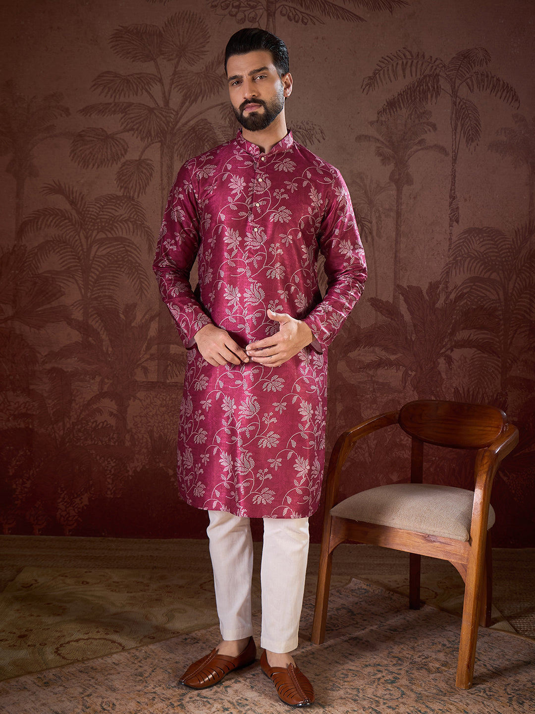 Ethnic Bay Men Red Silk Blend Floral Printed Straight Kurta