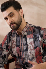 Black Silk Blend Printed Mandarin Collar Straight Kurta MKU1977