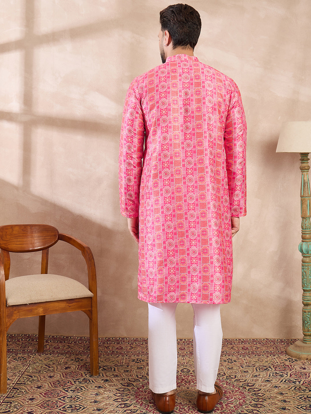 Ethnic Bay Men Pink Silk Blend Ethnic Motifs Printed Straight Kurta
