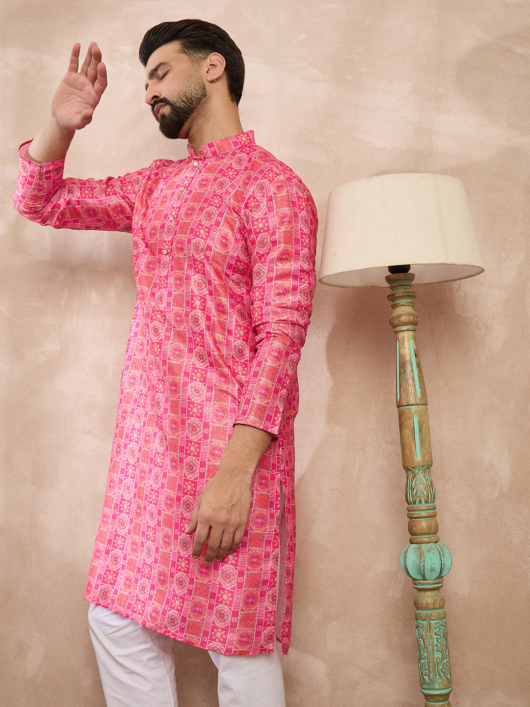 Ethnic Bay Men Pink Silk Blend Ethnic Motifs Printed Straight Kurta